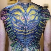 Large beautiful looking colored whole back tattoo of alien bones