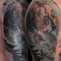 Large beautiful looking shoulder tattoo of fantasy dragon and boat