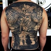 Large black and white whole back tattoo of samurai warriors
