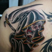 Large black death tattoo on back