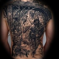 Large black ink whole back tattoo of old bridge with soldier in gas mask and samurai sword
