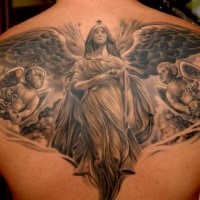 Large black ink whole back tattoo of angel statues