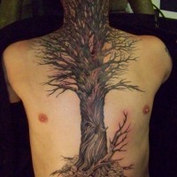 Large black tree and skull tattoo on chest and abdomen
