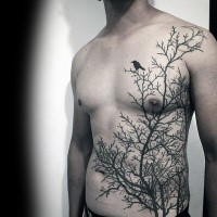 Large blackwork style chest and belly tattoo of dark forest and crow