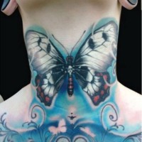 Large blue butterfly tattoo on the neck