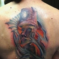 Large cartoon style colored back tattoo of of ancient Egypt human