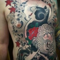 Large chest and belly tattoo of Manmon cat
