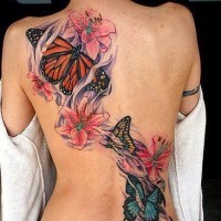 Tatuaje en la espalda, diseño grande, mariposa  y flores suaves