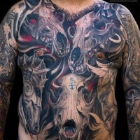 Large colored 3D style mystical various cult animals skulls tattoo on whole chest