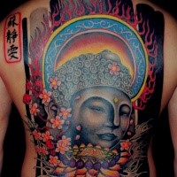 Large colored Asian style whole back tattoo of Buddha statue with lotus flower and lettering