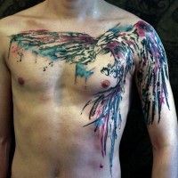 Large colored bird tattoo on chest