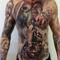 Large colored chest and belly tattoo of various monsters with candles