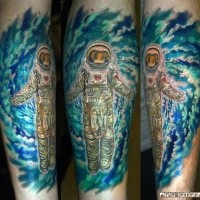 Large colored leg tattoo of illustrative style astronaut