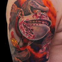 Large colored shoulder tattoo of bloody evil monkey