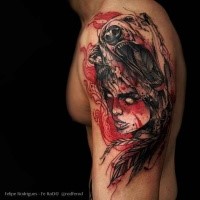 Large colored shoulder tattoo of bloody woman with bear