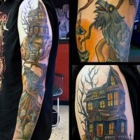 Large colored sleeve tattoo of abandoned house with crow on tree and cemetery