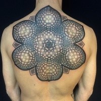 Large colored stippling style back tattoo of various flowers