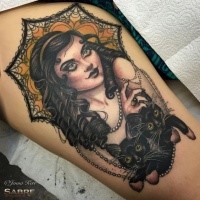 Large colored thigh tattoo of beautiful woman portrait with black cats