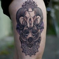 Large colored thigh tattoo of wolf stylized with animal skull