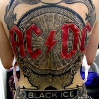 Large creative looking colored whole back tattoo of AC/DC band emblem