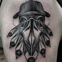 Large dot style shoulder tattoo of plague doctor with feather