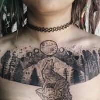 Large engraving style chest tattoo of night forest with wolf and planets