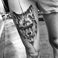 Large fox tattoo sketch painted in black work style by Inez Janiak on thigh