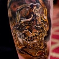 large gorgeous looking colored tattoo of golden skull