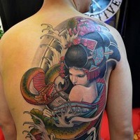 Large half colored half back tattoo of geisha with flowers and snake