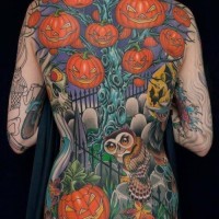 Large Halloween themed multicolored funny tattoo on whole back with pumkins and owl