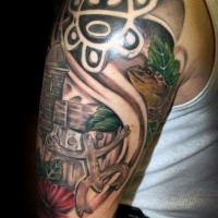 Large illustrative style ancient statues tattoo on shoulder with lizards
