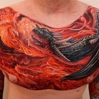 Large illustrative style chest tattoo of fantasy dragon and phoenix bird