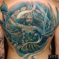 Large illustrative style colored back tattoo of Indian god with skulls