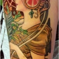 Großes im illustrativen Stil farbiges Schulter Tattoo der Frau mit Blumen