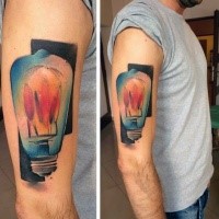 Large illustrative style colored shoulder tattoo of big bulb