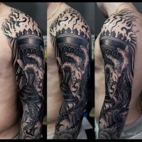 Large illustrative style colored sleeve tattoo of creepy hand with torch