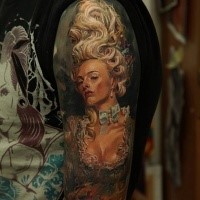 Large illustrative style shoulder tattoo of sexy medieval woman