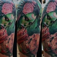 Large illustrative style shoulder tattoo of mystical woman portrait with flowers and skull