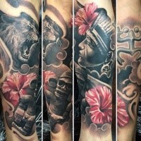 Large illustrative style tattoo of various antic statues, lion with flowers