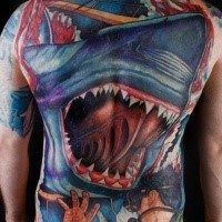 Large illustrative style whole back tattoo of shark with diver