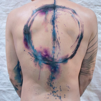 Large illustrative style whole back tattoo of mystical circle with line
