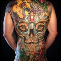 Large illustrative style whole back tattoo of magical human skull with snake