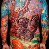 Large illustrative style whole body tattoo of ancient times