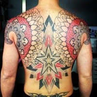 Large incredible looking whole back tattoo of various ornaments