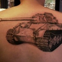Large lifelike detailed upper back tattoo of german Panther tank