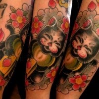 Large multicolored arm tattoo of beautiful maneki neko japanese lucky cat with flowers and tablet
