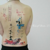 Large multicolored back tattoo of interesting ornaments with lettering