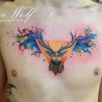 Large multicolored chest tattoo of deer stylized with triangle