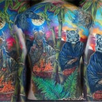 Large multicolored whole back tattoo of fantasy magician and human like white tiger