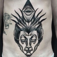 Large mystical blackwork style painted by Michele Zingales belly tattoo of human head